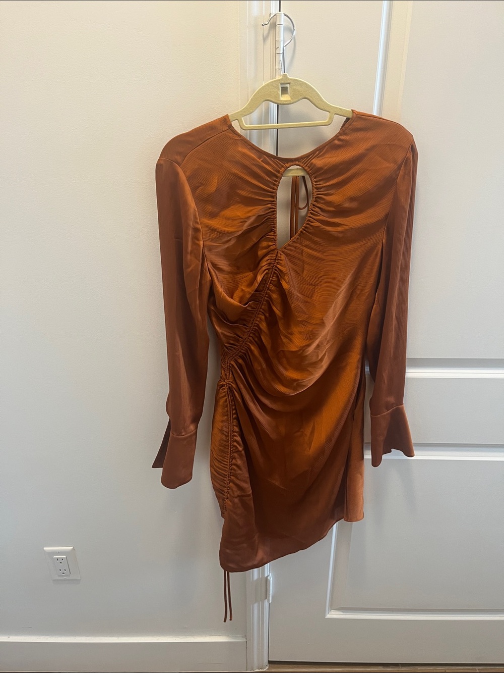 NVD Ruched Satin Long-Sleeve Mini Dress in Rust